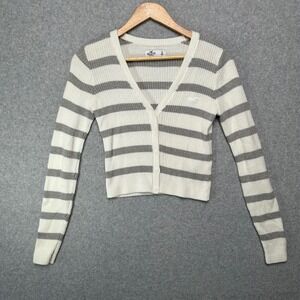 Hollister Womens Striped Ribbed V-Neck Cardigan Sweater White Grey Small Cropped